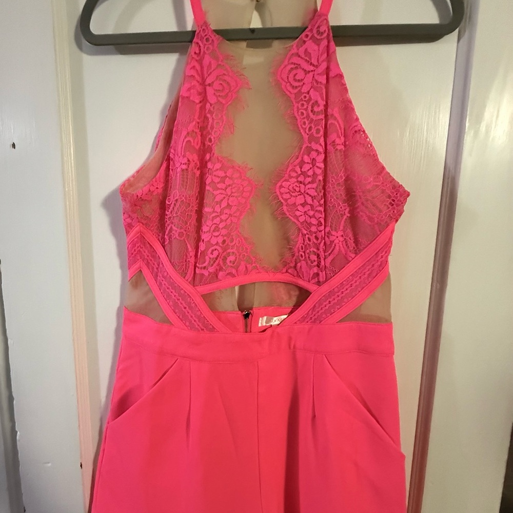 Pink Lace Romper by Luxxel size “L” sheer neckline, super sexy! Runs small